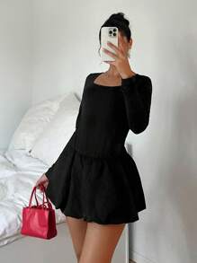 SHEIN EZwear Plus Size Floral Blouson Dress With Boat Neck And Built-In Modesty Shorts - Black - View 4