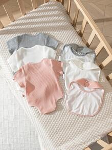 Cozy Pixies 6pcs/Set Newborn Baby Girl/Boy Solid Color Ribbed Soft Round Neck Short Sleeve Romper With Bib, Suitable For Baby Shower, Party, Gift, Newborn - Pink - View 2