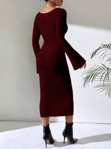 Chiquease French Style Versatile Bell Sleeve Knitted Long Dress - Burgundy - View 2