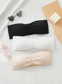 SHEIN 3pcs/Set Tween Girls Minimalist Comfy Padded Rib Knit Camisole Set - Apricot - View 1