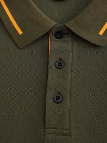 Manfinity Homme 男士拼色飾邊鈕扣休閒百搭短袖 Polo 衫，橄欖綠 Polo 衫，正式款 - 軍綠色 - 查看 6