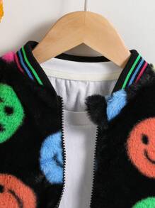 SHEIN Princess-Style Girls Long Sleeve Baseball Jacket,Multicolor Cartoon Happy Face Design,Autumn,Career Day,Fuzzy Fleece Coat For School & Everyday Wear - Black - View 5
