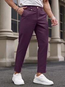 Manfinity Bizformal Men's Plain Pocket Weave Regular Fit Straight Trousers - Purple - View 4