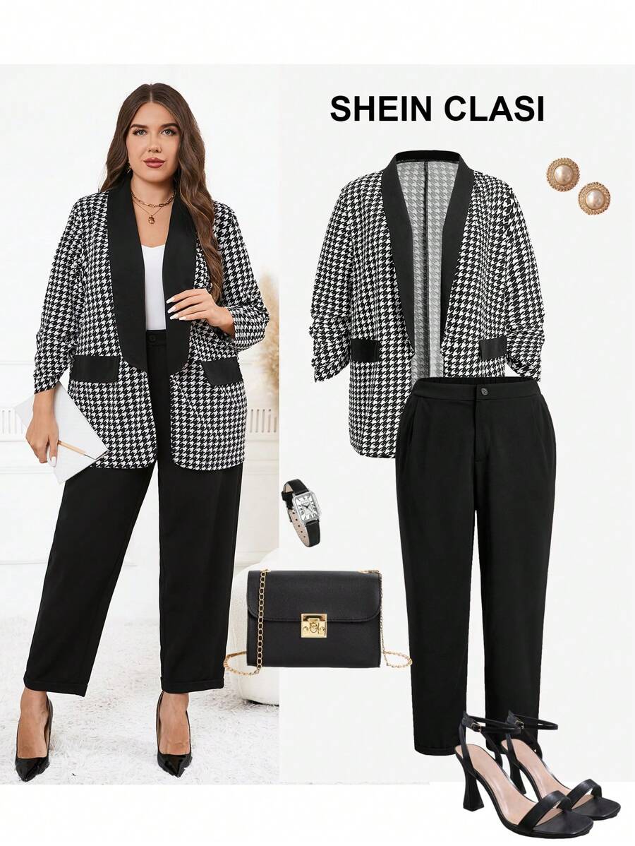 SHEIN Clasi 2 件套加大码黑白千鸟格西装外套和裤子 - 黑與白 - 查看 1