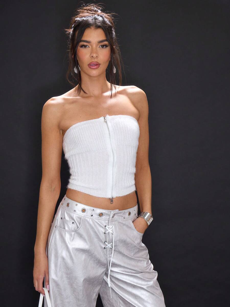 MUSERA Double Zip Bandeau Top Party - White - View 1