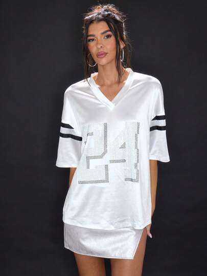 MUSERA Diamante Sports Jersey Tee Y2K Going Out TopsVacation Spring Summer , Autum, Winter, Party,