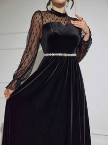 Modelyn Váy dài tay bèo ren nhung tương phản cho nữ, trang phục Maxi thu đông cho nữ, váy dạ hội dài - màu đen - Xem 2