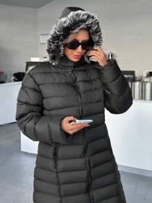 EURMUSE Fuzzy Trim Zip Up Hooded Padded Coat - Black - View 6
