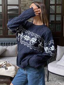 DAZY 女式拼色提花针织宽松长袖圆领毛衣，秋季女装 - 藏蓝色 - 查看 6