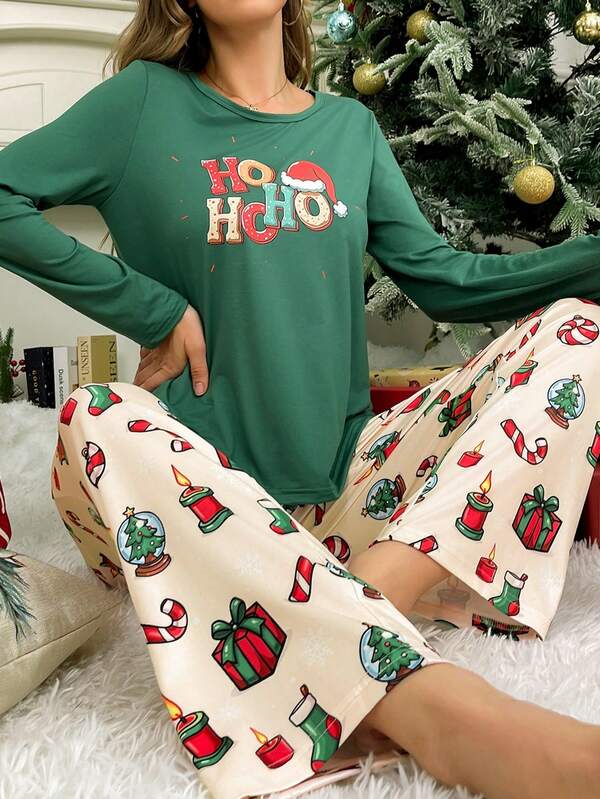 Set di pigiama da donna con stampa di elementi natalizi a cartoni animati, abbigliamento autunno inverno
