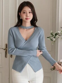 DAZY Solid Color V-Neck Slit Fitted Women Sweater,Fall Clothes - Blue - View 8