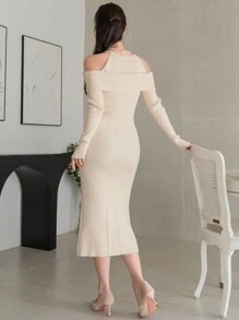 DAZY 1 pieza Vestido de suéter ajustado con hombros abiertos de unicolor para mujer, con volantes, ropa de otoño - Albaricoque - Ver 2