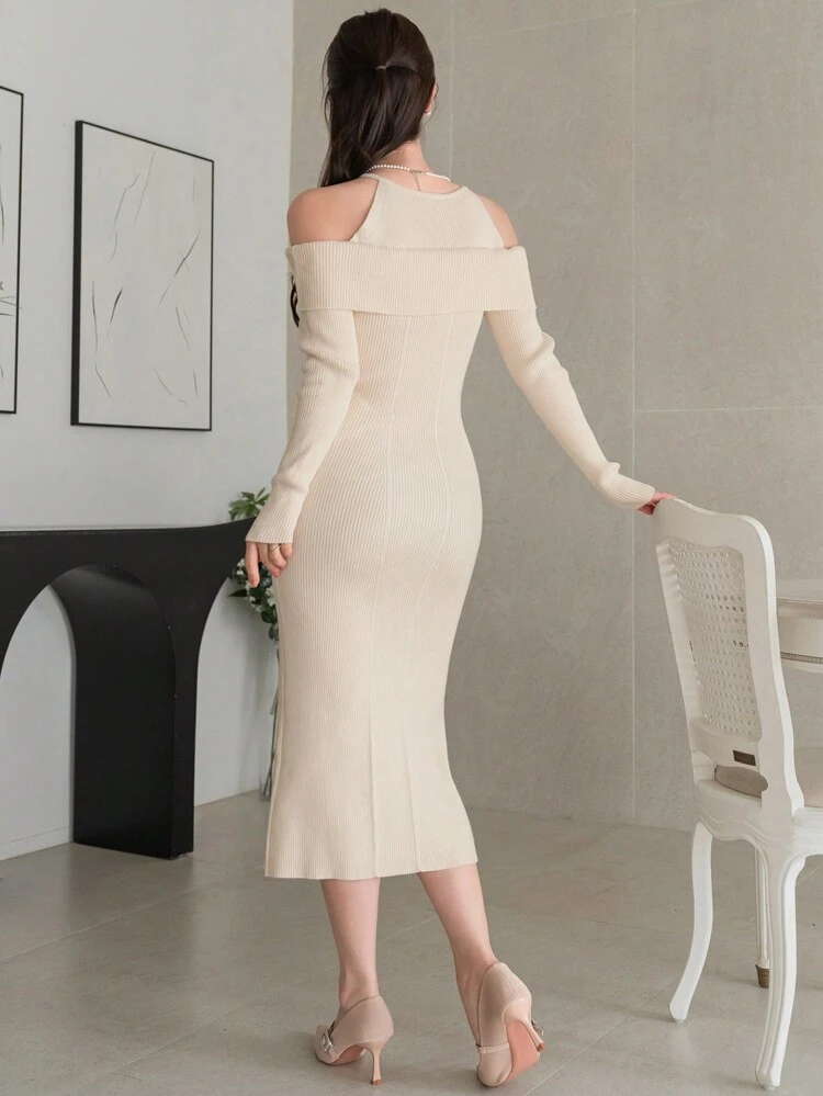 1pc Women Solid Color Open Shoulder Fitted Sweater Dress,Ruffle,Fall Clothes