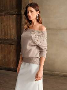 Anewsta Elegante suéter hecho a mano con hombros descubiertos y cuentas, jersey de punto de otoño e invierno - Gris - Ver 3