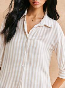 Poéselle Camicia a righe a maniche lunghe da donna, maglie estive carine, abbigliamento estivo da donna, camicia a righe color albicocca, camicia casual fresca, con bottoni, copricamicia, realizzata in materiale leggero e traspirante, adatta per vacanze, uscite casual e vita quotidiana, camicia casual da donna con bottoni, nodo e maniche tre quarti, colletto, camicia ampia a maniche lunghe in viscosa multicolore a spalle cadenti, per primavera/autunno, abbigliamento professionale/aziendale/da lavoro - Multicolore - Visualizzare 3