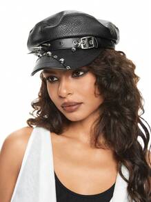 ROMWE Grunge Punk Black Rivet Punk Style Beret Hat For Women - Black - View 3