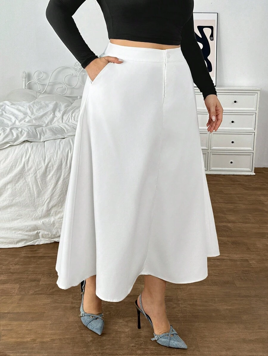 SHEIN Privé 大码女装白色浪漫不透明秋季新款白色 A 字裙 - 白色 - 查看 1