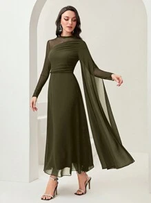 Modelyn Women's Round Neck Long Sleeve Mesh Contrast Ruffle Maxi Elegant Dress Long Evening Dresses - Army Green - View 6