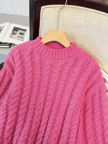 Jersey de punto con manga larga y cuello alto en unicolor fucsia para niñas preadolescentes, cálido para otoño e invierno - Rosa Fucsia - Ver 4