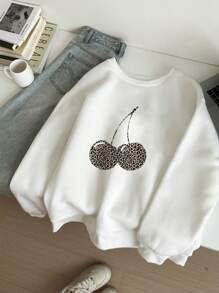 Muchica Áo nỉ cổ tròn in họa tiết da báo và anh đào đơn giản, rộng rãi, thoải mái dành cho nữ, mùa thu/đông - trắng - Xem 1