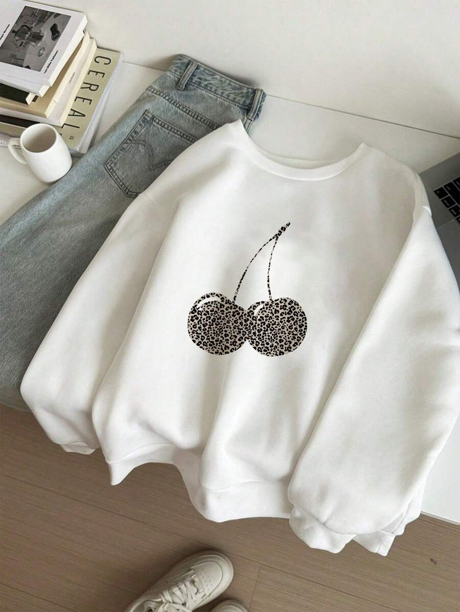 Muchica Áo nỉ cổ tròn in họa tiết da báo và anh đào đơn giản, rộng rãi, thoải mái dành cho nữ, mùa thu/đông - trắng - Xem 1