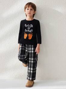 SHEIN Young Boys Funny Letter & Pumpkin Printed Black Knit Long Sleeve T-Shirts For Halloween, Autumn/Winter - Black - View 7