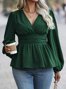 Flirla Plus Size Solid Color V-Neck Long Sleeve Pleated Casual Blouse Peplum Top - Green - View 1
