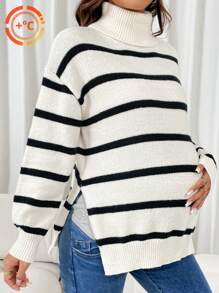 SHEIN Áo len bà bầu hở vai cổ cao sọc đen và mơ, cho mùa đông - Đen và trắng - Xem 3