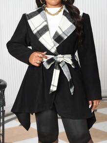 SHEIN Lady 秋冬休闲优雅黑色编织瀑布喇叭腰带中长袖休闲优雅职业装 - 黑色 - 查看 3