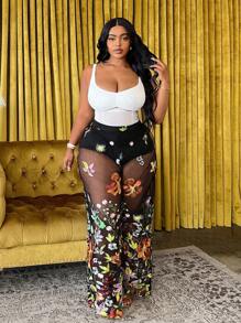 Slaydiva 大码女式高腰蕾丝网眼刺绣长裤，带衬里，优雅适合正式活动，冬季