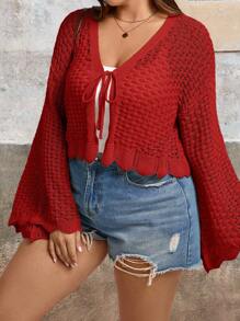SHEIN VCAY Plus Size Women Front Tie Solid Color Drop Shoulder Long Sleeve Cropped Cardigan, Autumn - Red - View 6