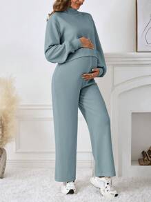 SHEIN Maternity Summer Outfits Mock Neck Drop Shoulder Long Sleeve Tee, Wide Leg Pants - Blue - View 3