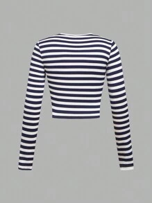 SHEIN 3pcs Tween Girl Fall/Winter Casual Striped & Solid Color Round Neck Long Sleeve T-Shirt Layering Set - Navy Blue - View 9