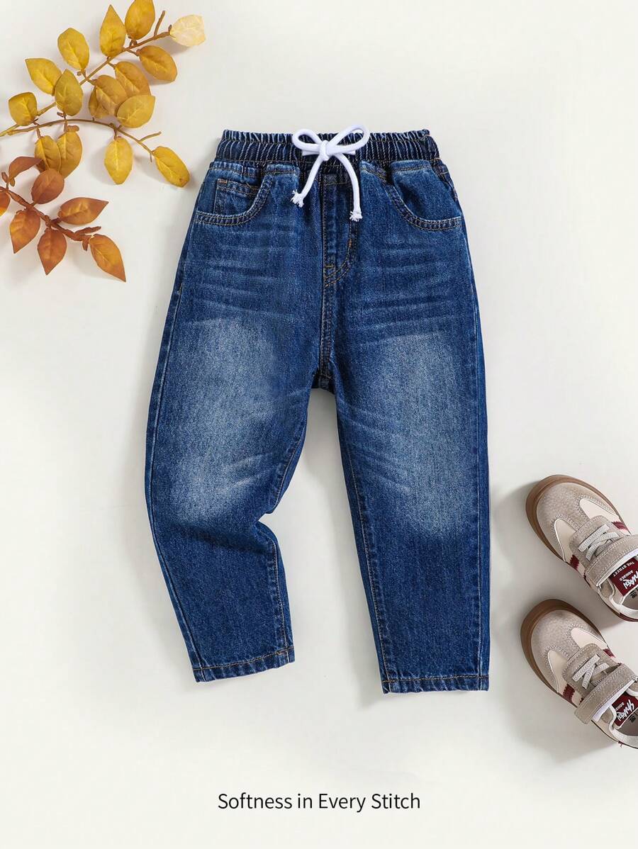 Cozy Pixies 年轻男孩休闲柔软基本款水洗猫须撞色腰带宽松蓝色牛仔锥形牛仔裤，休闲百搭，适合年轻男孩秋冬服装 - 深色水洗藍 - 查看 1