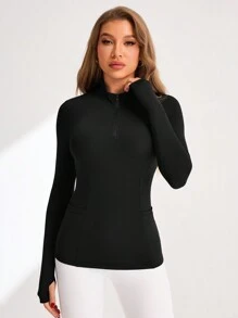 Easithlete 1 件女士拉链口袋瑜伽连帽衫 - 黑色 - 查看 4