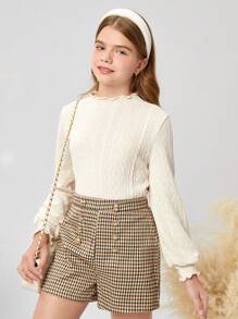 SHEIN Leap Crew Tween Girl Mock Neck Lettuce Trim Flare Sleeve Tee - Beige - View 8