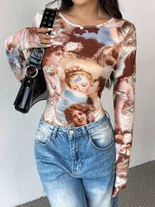 Chiquease Women's Form-Fitting Sexy Printed Long Sleeve Bodysuit, For Autumn