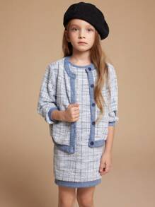 PrepCrw Young Girls Autumn Elegant Plaid Jacket And Dress Set - Blue - View 1