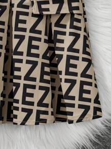 SHEIN Tween Girl 2 Pieces Set: Casual Simple Comfortable Letter Pattern Stand Collar T-Shirt & Pleated Skirt