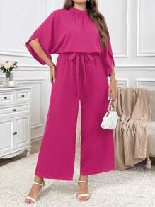 SHEIN Privé Plus Size Summer Casual Solid Color Loose Waist Harem Jumpsuit - Hot Pink - View 5
