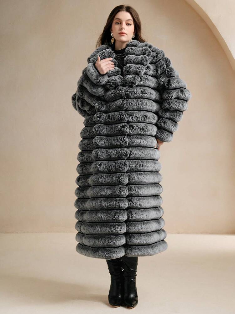 Nuevo abrigo esponjoso de otoño/invierno, de longitud media, para mujeres de talla grande, moda de piel de conejo falsa para ropa de fiesta de vacaciones