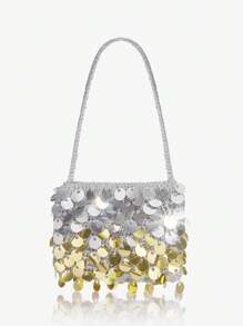 SHEIN SXY Bolso de hombro para mujer, bolso hobo, bolso de noche, de moda, sencillo, elegante, versátil, con lentejuelas grandes, de ganchillo, de color degradado, plateado y dorado, para vacaciones, días festivos, playa, fiesta, baile de graduación, club, cita, cumpleaños, noche de cita, Halloween - Plateado - Ver 1