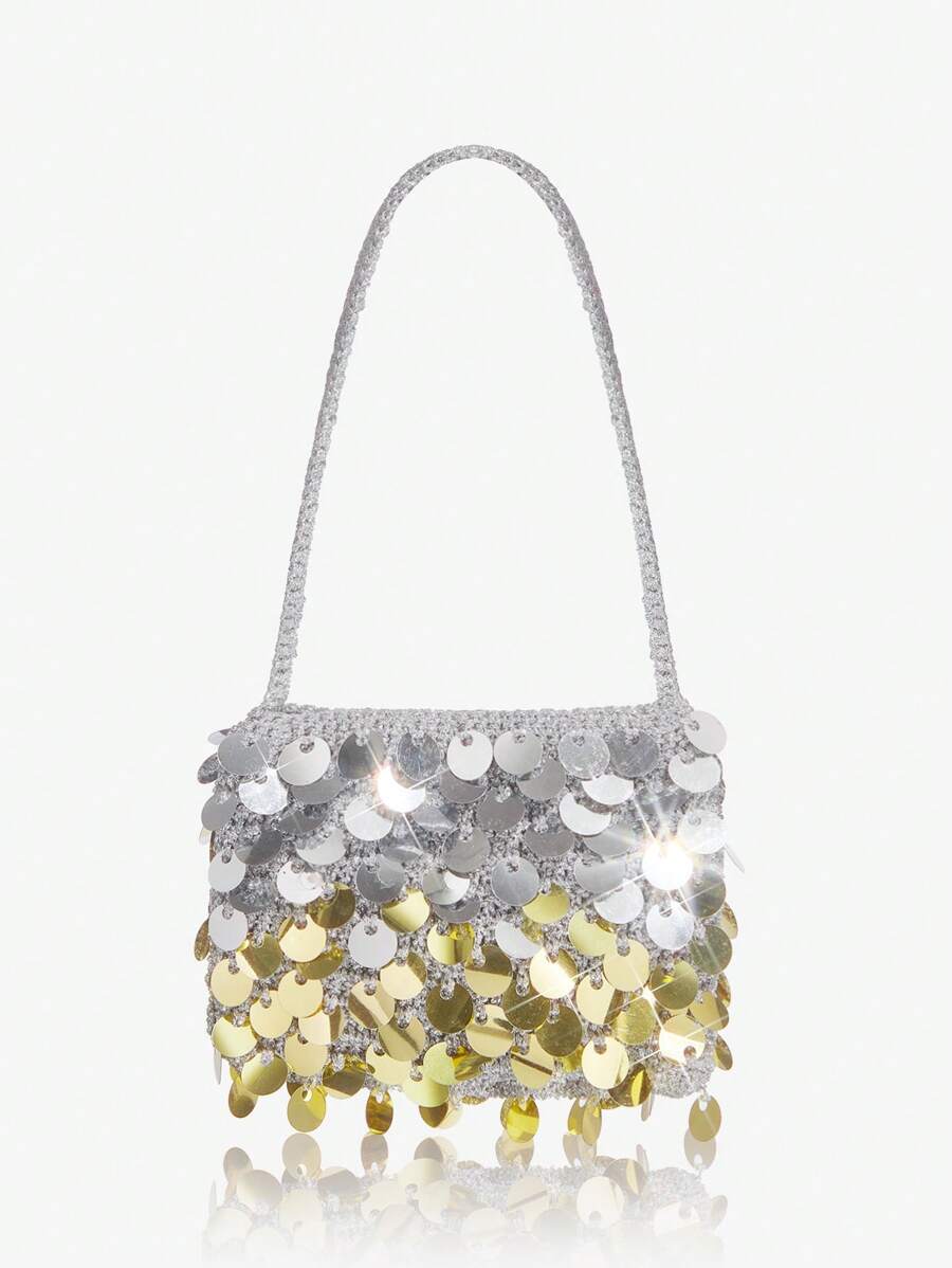 SHEIN SXY Bolso de hombro para mujer, bolso hobo, bolso de noche, de moda, sencillo, elegante, versátil, con lentejuelas grandes, de ganchillo, de color degradado, plateado y dorado, para vacaciones, días festivos, playa, fiesta, baile de graduación, club, cita, cumpleaños, noche de cita, Halloween - Plateado - Ver 1