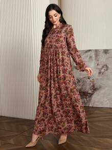 Al Najma Vestido estilo árabe franzido com estampa floral e manga longa com fecho de botão frontal, vestidos árabes estilo boho modesto, para viagens/casual/casa/férias