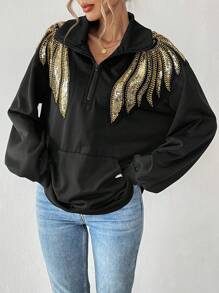Chiquease Women Casual Solid High Collar Half-Opening Color Block Golden Wing Sequins Sweatshirt Pullover Fall Outfit - Black - View 6