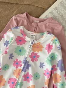 SHEIN LMoss Kids LMoss 2pcs/Set Newborn Baby Girl Cute Floral Knitted Elastic Long Sleeve Jumpsuit, Autumn/Winter Graphic - Multicolor - View 5
