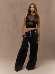 MISSGUIDED Quần dài thể thao ống rộng siêu thoải mái, quần dài thể thao có dây rút, eo co giãn, túi bên hông, logo thiết kế, trang phục thường ngày thu đông - màu đen - Xem 4