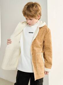 Tween Boy Cute Ear Decor Thickened Faux Suede Jacket - Brown - View 7