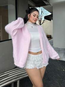 SHEIN Qutie Plus Size Solid Color Long Sleeve Casual Shirt - Pink - View 4