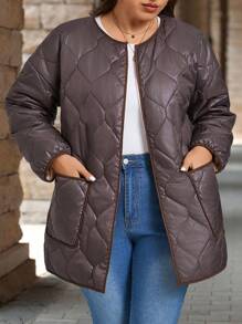 EMERY ROSE Plus Size Women Casual Solid Color Drop Shoulder Loose Patchwork Pocket Open Front Padded Coat,Winter Women Clothes,Elegant Women's Clothing